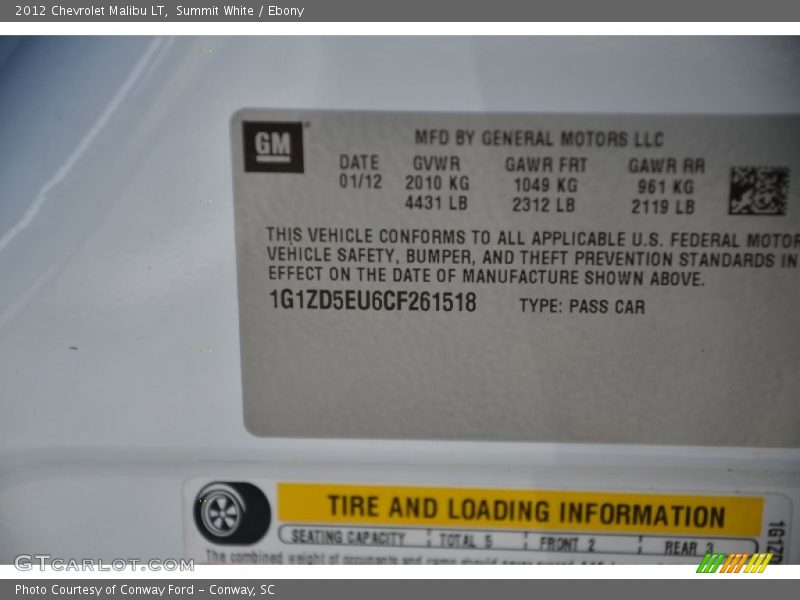 Summit White / Ebony 2012 Chevrolet Malibu LT