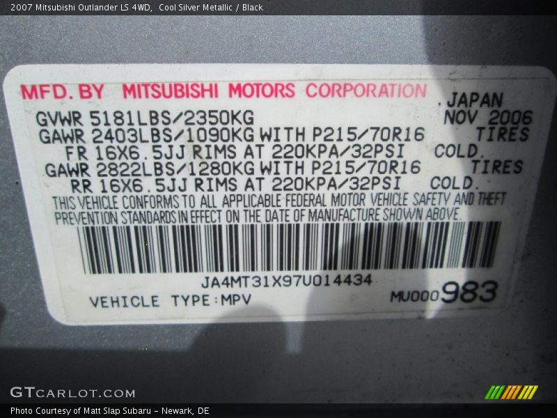 Cool Silver Metallic / Black 2007 Mitsubishi Outlander LS 4WD