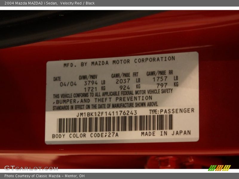 2004 MAZDA3 i Sedan Velocity Red Color Code 27A