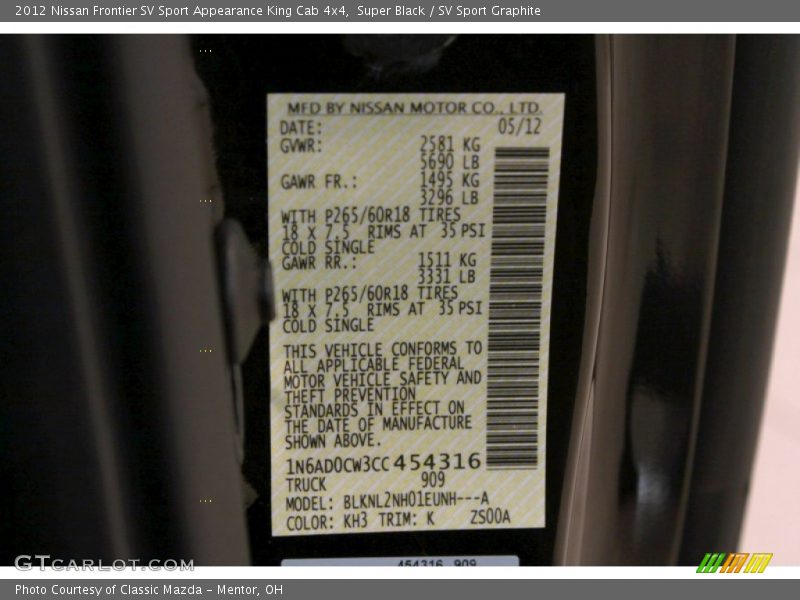 Super Black / SV Sport Graphite 2012 Nissan Frontier SV Sport Appearance King Cab 4x4