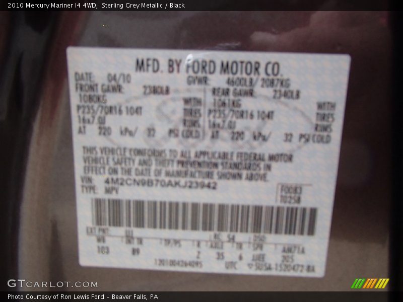Sterling Grey Metallic / Black 2010 Mercury Mariner I4 4WD
