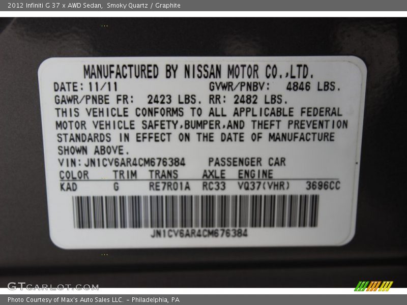 Smoky Quartz / Graphite 2012 Infiniti G 37 x AWD Sedan
