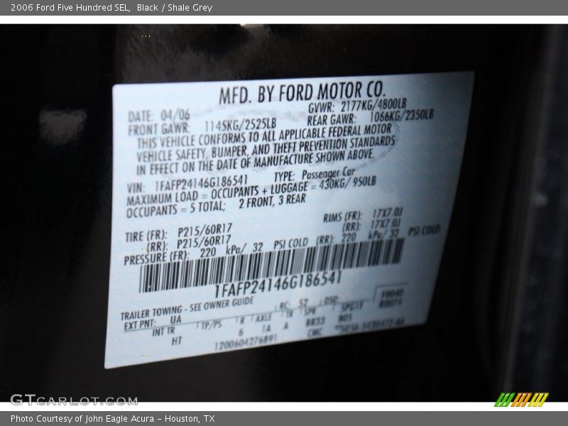 Black / Shale Grey 2006 Ford Five Hundred SEL