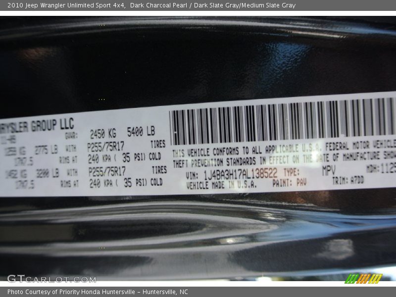 Dark Charcoal Pearl / Dark Slate Gray/Medium Slate Gray 2010 Jeep Wrangler Unlimited Sport 4x4