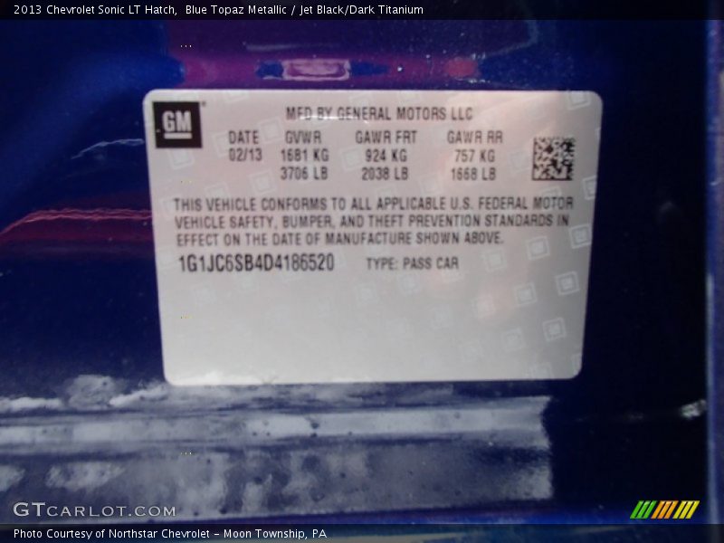 Blue Topaz Metallic / Jet Black/Dark Titanium 2013 Chevrolet Sonic LT Hatch