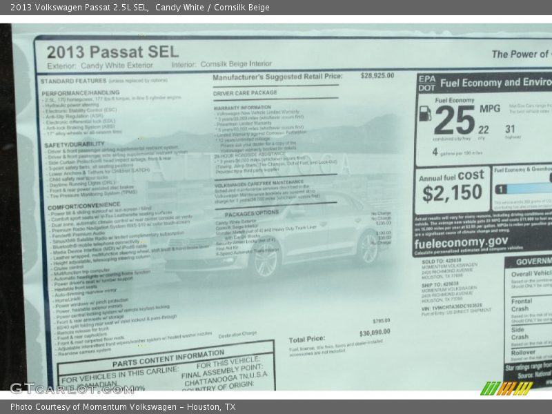 Candy White / Cornsilk Beige 2013 Volkswagen Passat 2.5L SEL