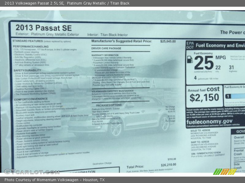 Platinum Gray Metallic / Titan Black 2013 Volkswagen Passat 2.5L SE