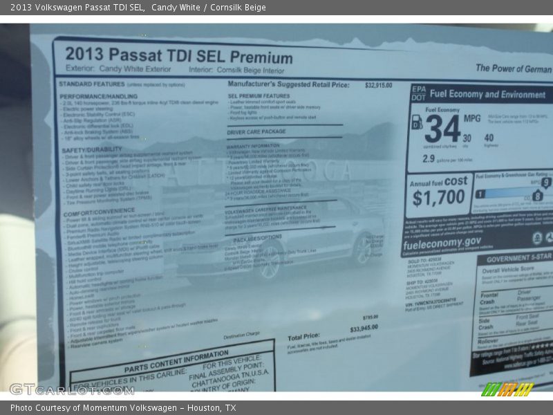 Candy White / Cornsilk Beige 2013 Volkswagen Passat TDI SEL