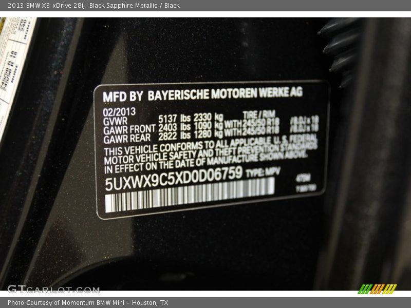 Black Sapphire Metallic / Black 2013 BMW X3 xDrive 28i