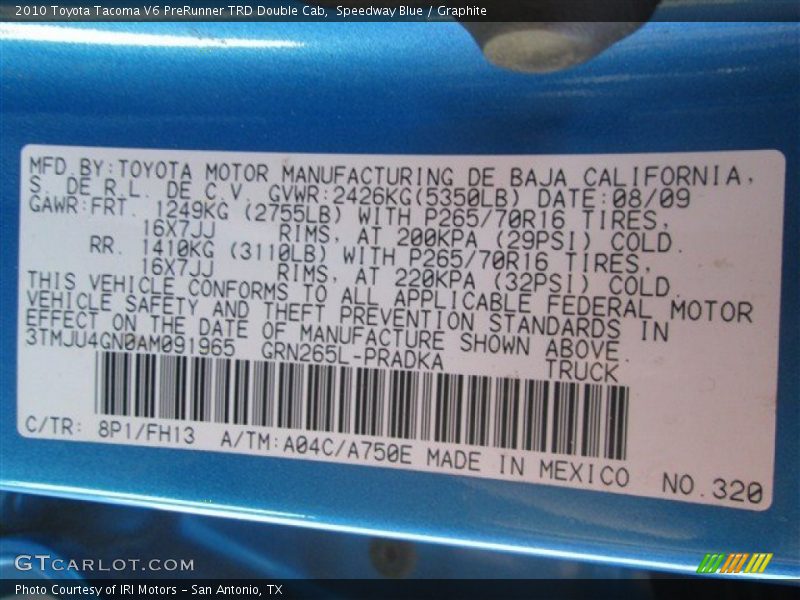 2010 Tacoma V6 PreRunner TRD Double Cab Speedway Blue Color Code 8P1