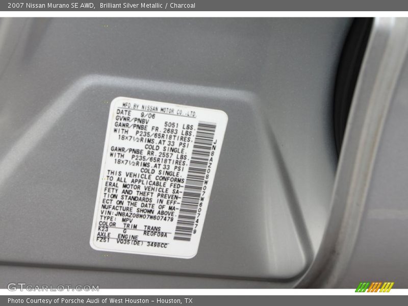 Brilliant Silver Metallic / Charcoal 2007 Nissan Murano SE AWD