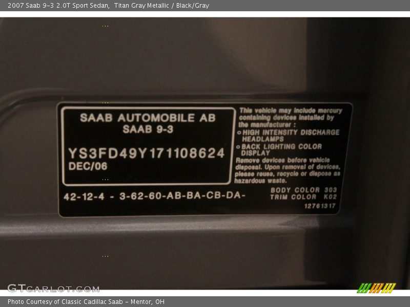 Titan Gray Metallic / Black/Gray 2007 Saab 9-3 2.0T Sport Sedan