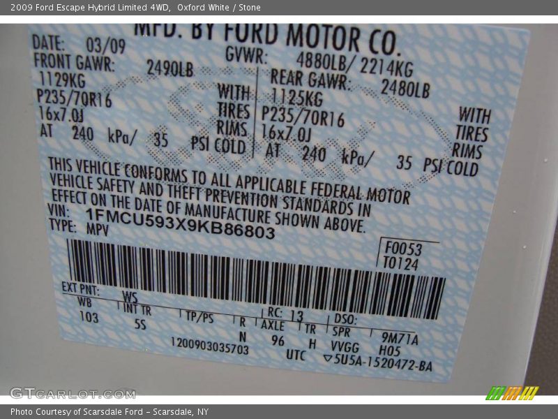 Oxford White / Stone 2009 Ford Escape Hybrid Limited 4WD