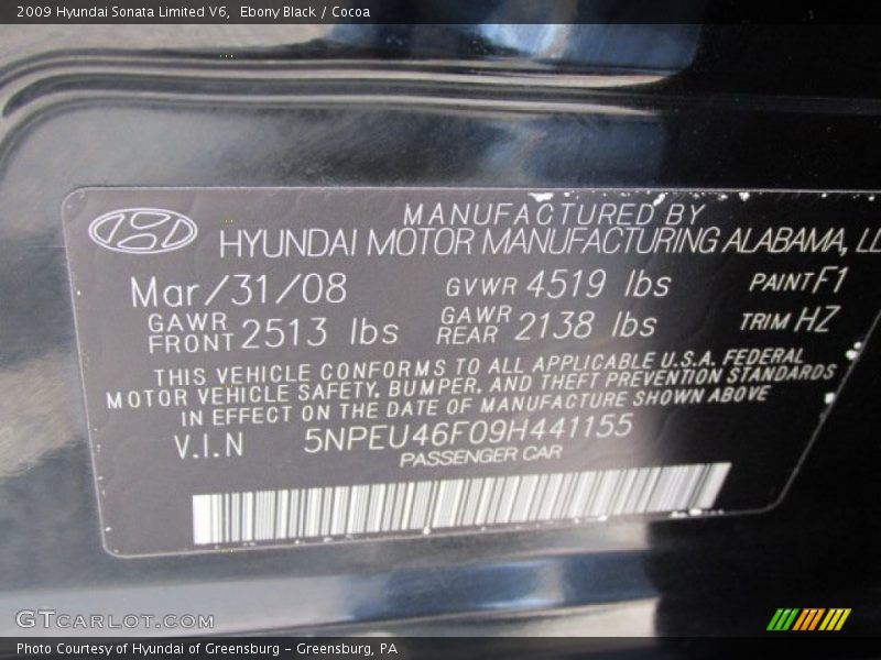 Ebony Black / Cocoa 2009 Hyundai Sonata Limited V6
