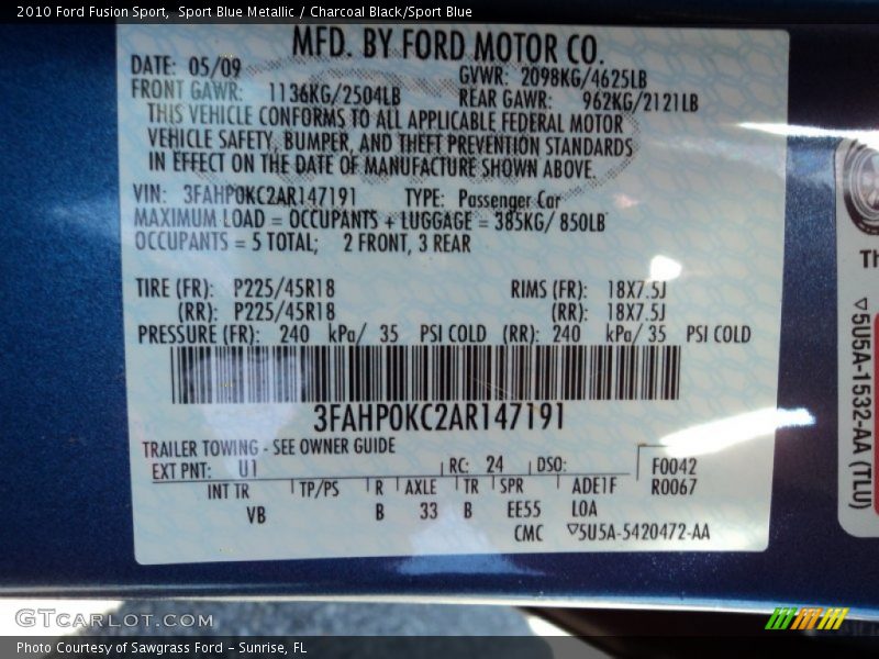 Sport Blue Metallic / Charcoal Black/Sport Blue 2010 Ford Fusion Sport