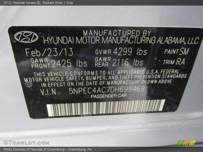 Radiant Silver / Gray 2013 Hyundai Sonata SE
