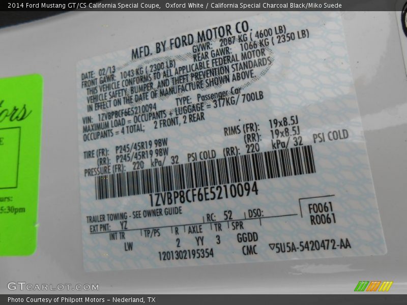 2014 Mustang GT/CS California Special Coupe Oxford White Color Code YZ