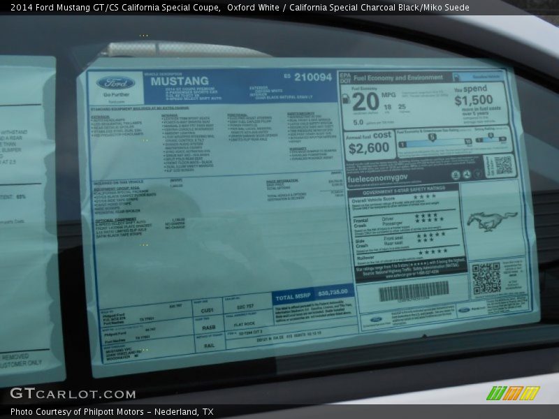  2014 Mustang GT/CS California Special Coupe Window Sticker