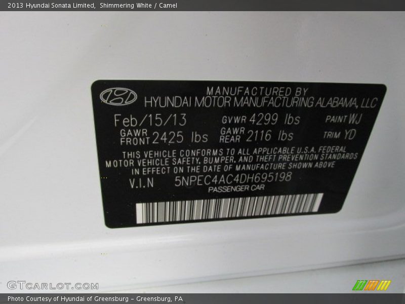 Shimmering White / Camel 2013 Hyundai Sonata Limited