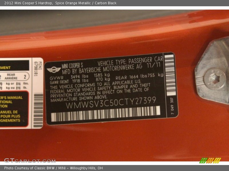 Info Tag of 2012 Cooper S Hardtop