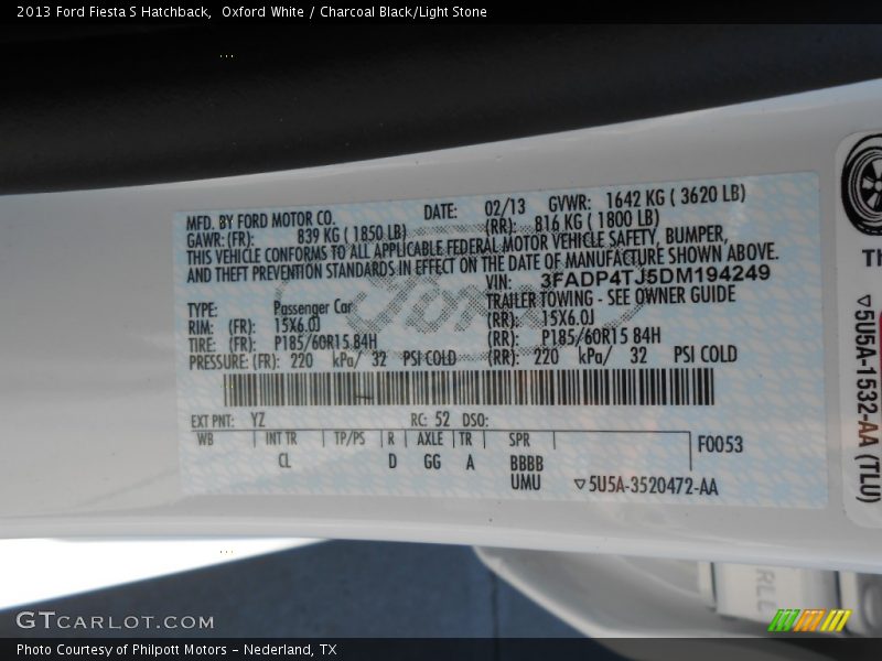 2013 Fiesta S Hatchback Oxford White Color Code YZ
