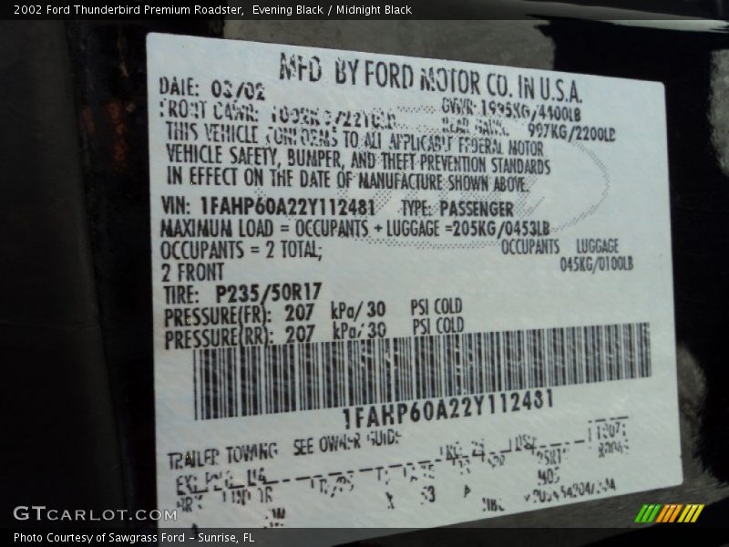2002 Thunderbird Premium Roadster Evening Black Color Code UA