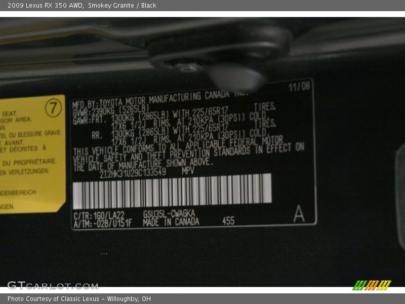 2009 RX 350 AWD Smokey Granite Color Code 1G0
