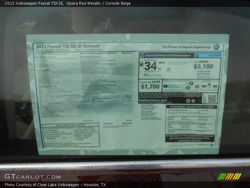  2013 Passat TDI SE Window Sticker