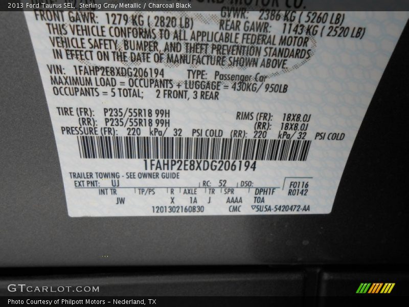 Sterling Gray Metallic / Charcoal Black 2013 Ford Taurus SEL