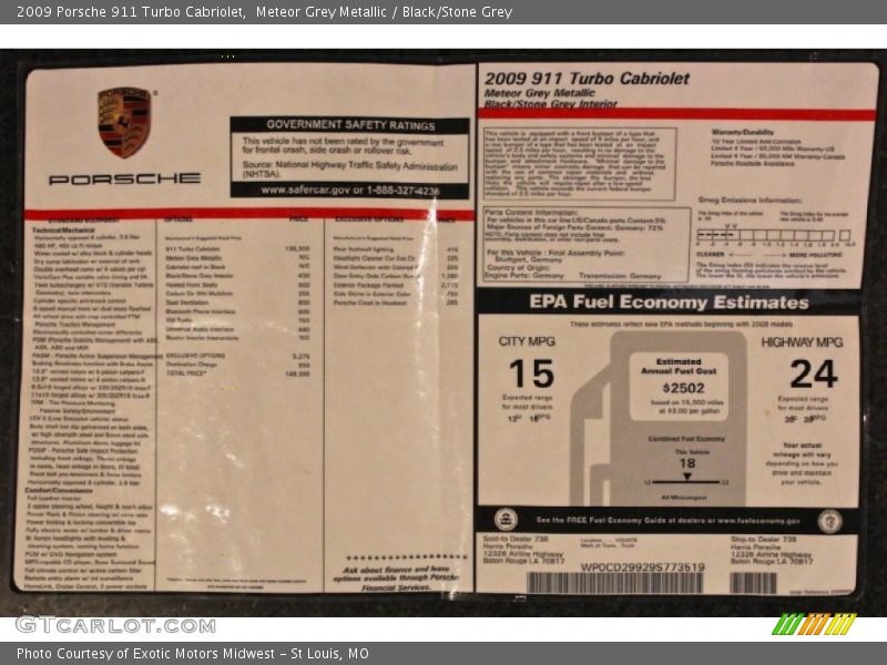  2009 911 Turbo Cabriolet Window Sticker
