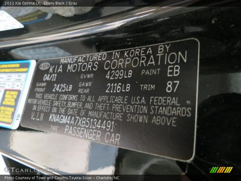 Ebony Black / Gray 2011 Kia Optima LX