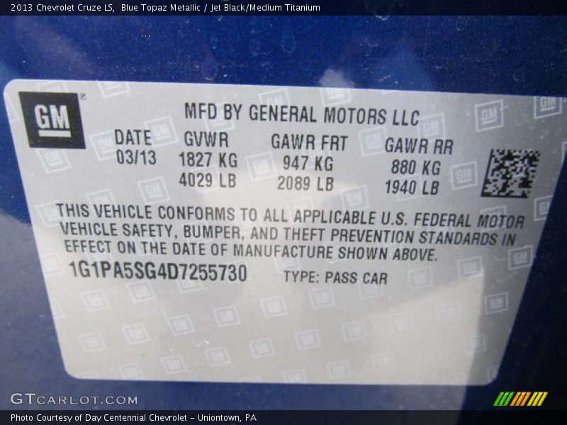 Blue Topaz Metallic / Jet Black/Medium Titanium 2013 Chevrolet Cruze LS