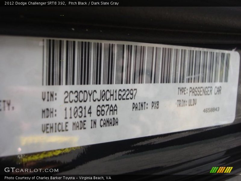 Pitch Black / Dark Slate Gray 2012 Dodge Challenger SRT8 392