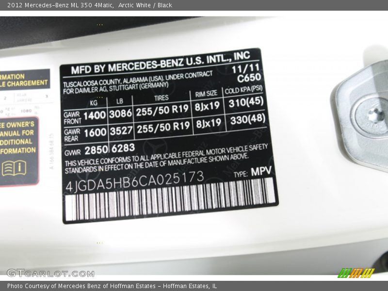 Arctic White / Black 2012 Mercedes-Benz ML 350 4Matic