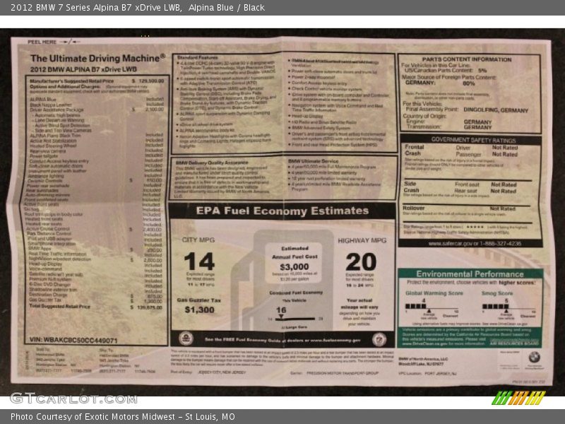  2012 7 Series Alpina B7 xDrive LWB Window Sticker