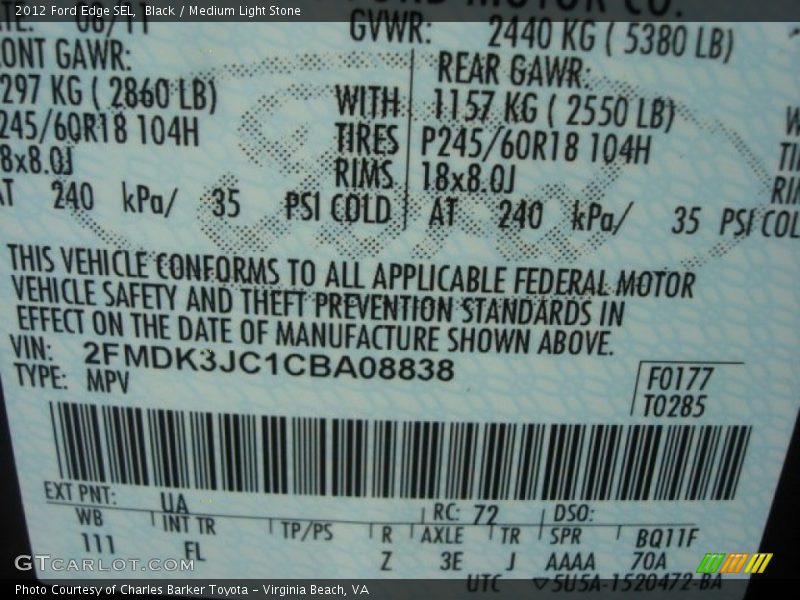 Black / Medium Light Stone 2012 Ford Edge SEL
