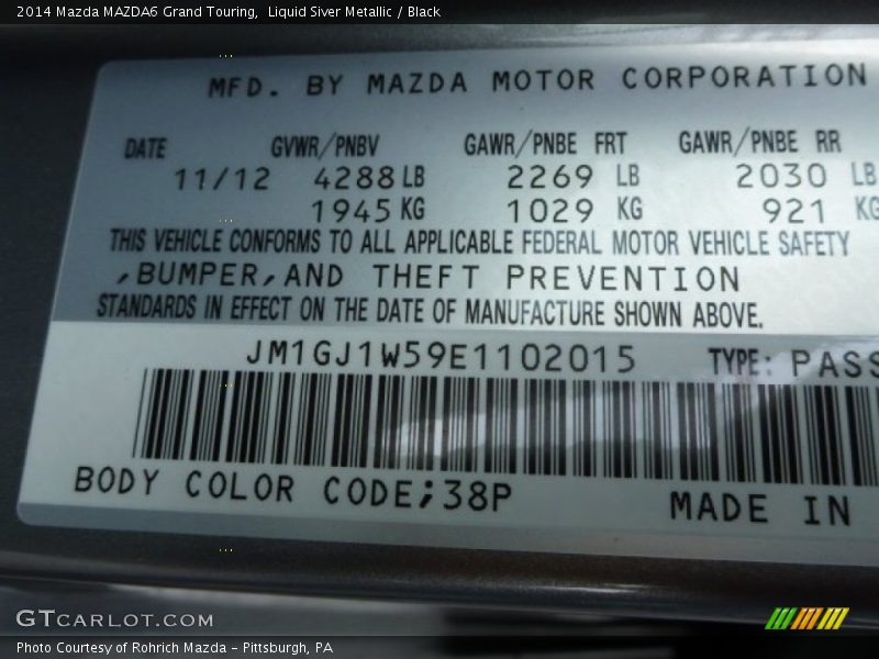 2014 MAZDA6 Grand Touring Liquid Siver Metallic Color Code 38P
