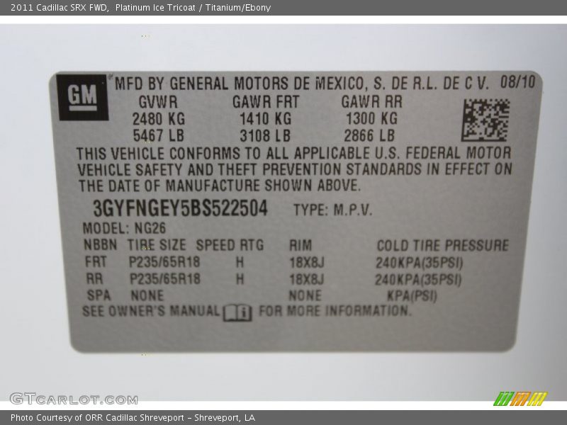 Platinum Ice Tricoat / Titanium/Ebony 2011 Cadillac SRX FWD