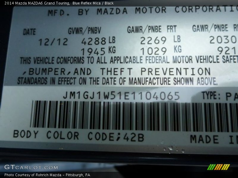 2014 MAZDA6 Grand Touring Blue Reflex Mica Color Code 42B