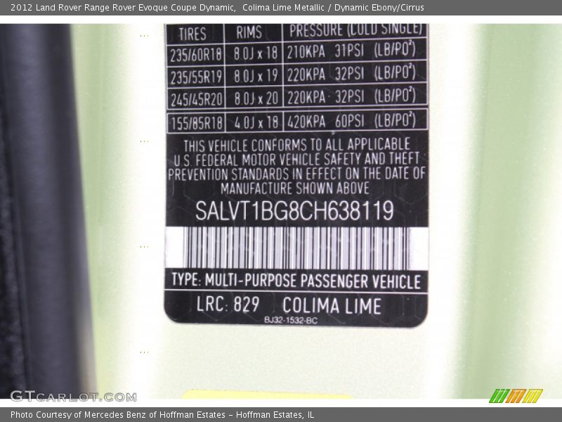2012 Range Rover Evoque Coupe Dynamic Colima Lime Metallic Color Code 829