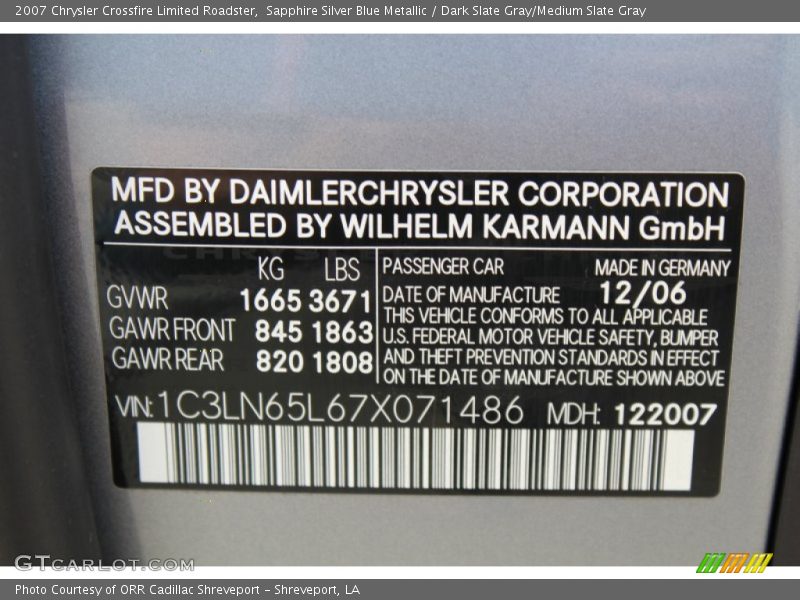 Sapphire Silver Blue Metallic / Dark Slate Gray/Medium Slate Gray 2007 Chrysler Crossfire Limited Roadster