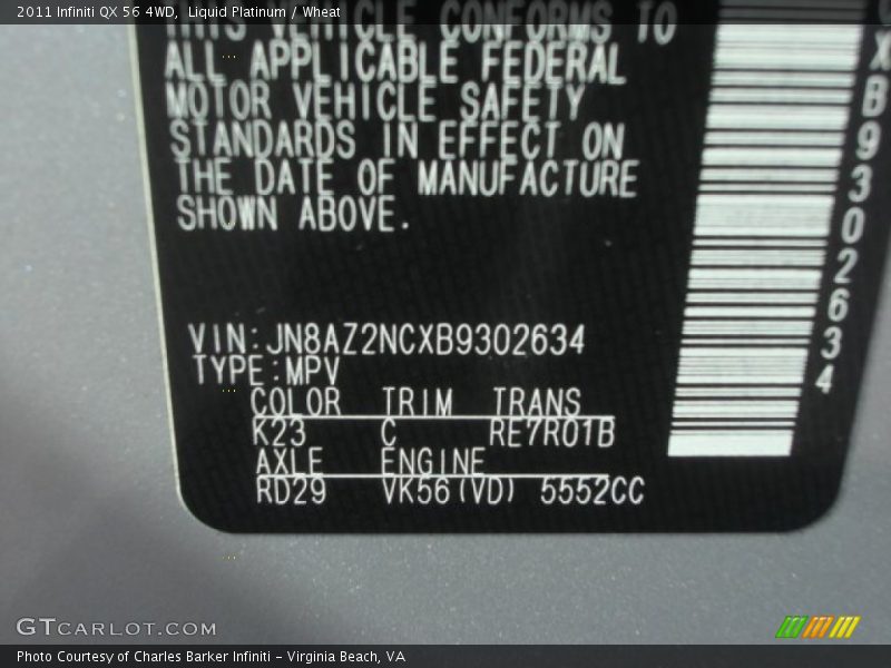 2011 QX 56 4WD Liquid Platinum Color Code K23