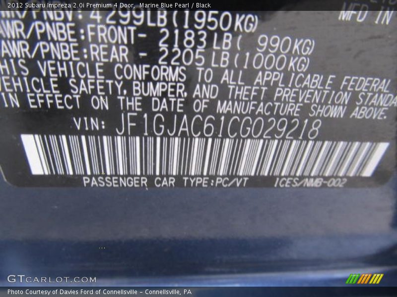 Marine Blue Pearl / Black 2012 Subaru Impreza 2.0i Premium 4 Door