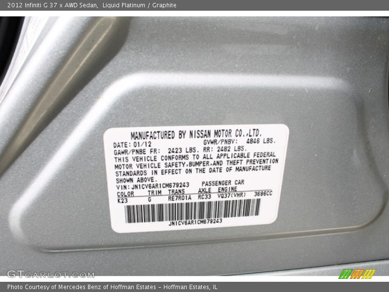 Liquid Platinum / Graphite 2012 Infiniti G 37 x AWD Sedan