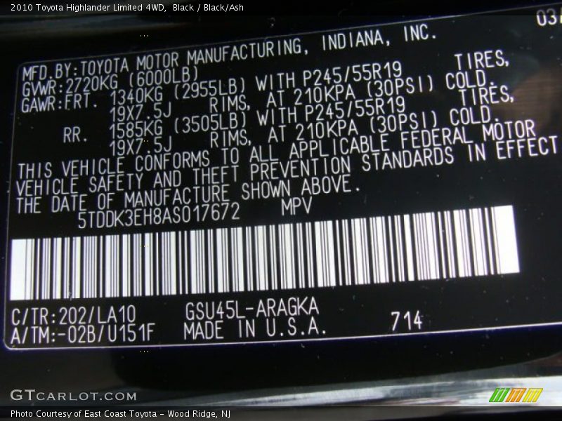 Black / Black/Ash 2010 Toyota Highlander Limited 4WD