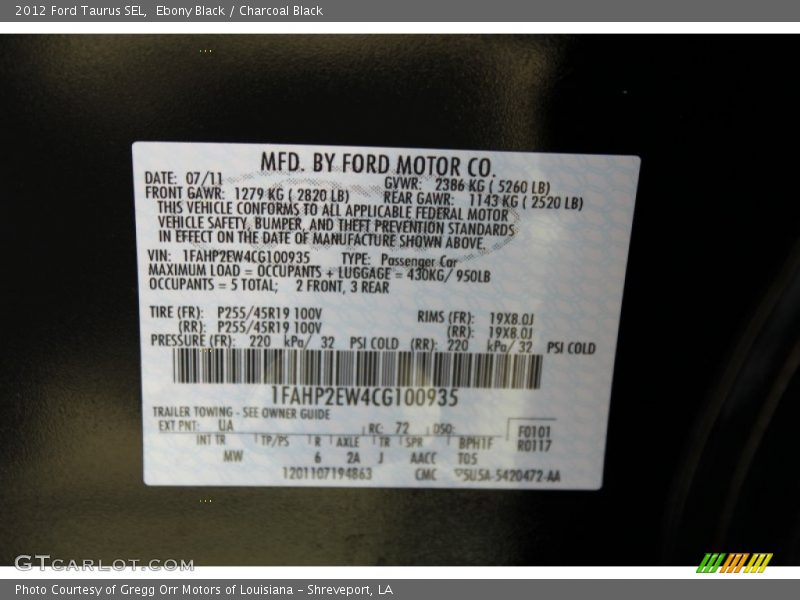 Ebony Black / Charcoal Black 2012 Ford Taurus SEL