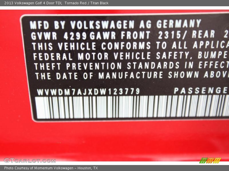 Tornado Red / Titan Black 2013 Volkswagen Golf 4 Door TDI