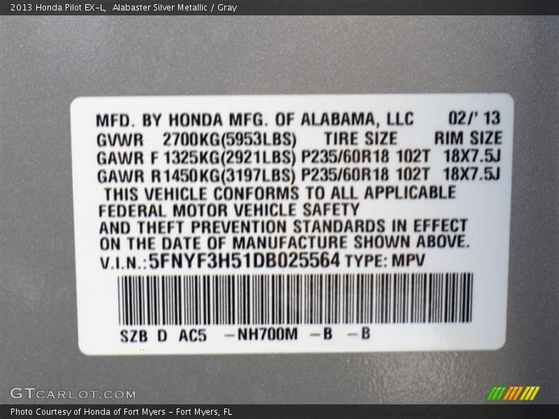Alabaster Silver Metallic / Gray 2013 Honda Pilot EX-L