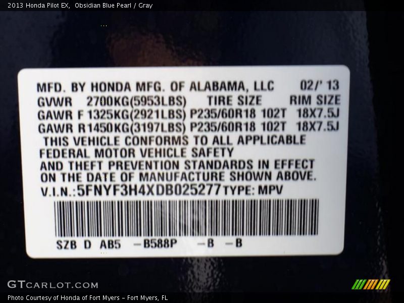 Obsidian Blue Pearl / Gray 2013 Honda Pilot EX