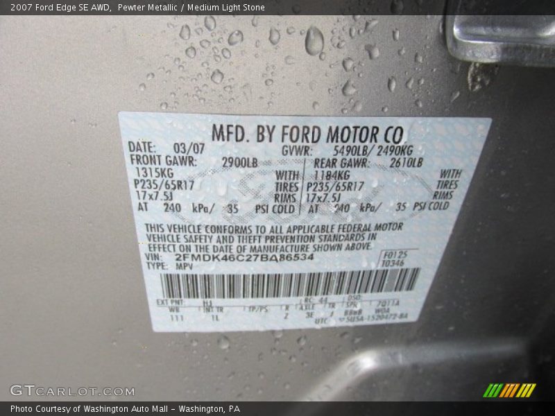 Pewter Metallic / Medium Light Stone 2007 Ford Edge SE AWD